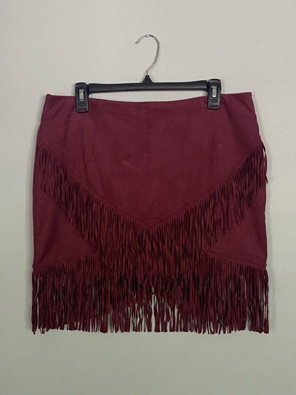 Halara 2 in 1 Suede Bodycon Casual Fringe Mini Skirt Shorts Size XL Burgundy